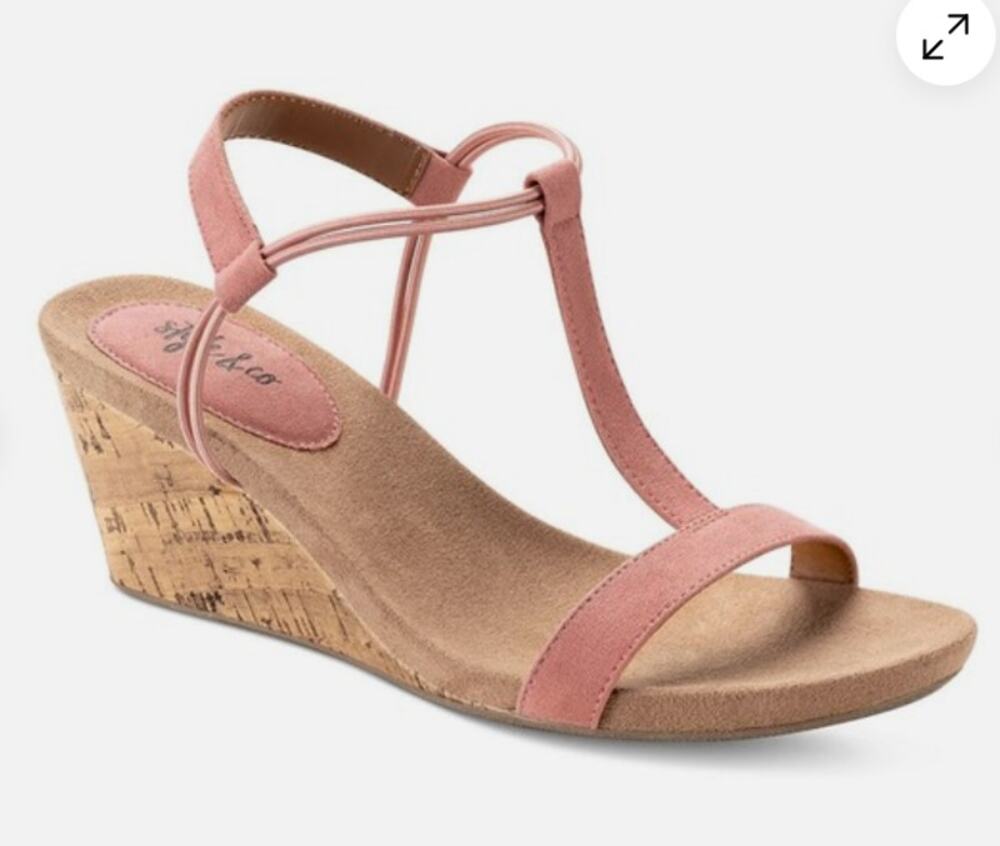 Style & Co. Womens Mulan T-strap Open Toe Wedge Sandals Pink 9.5 Medium